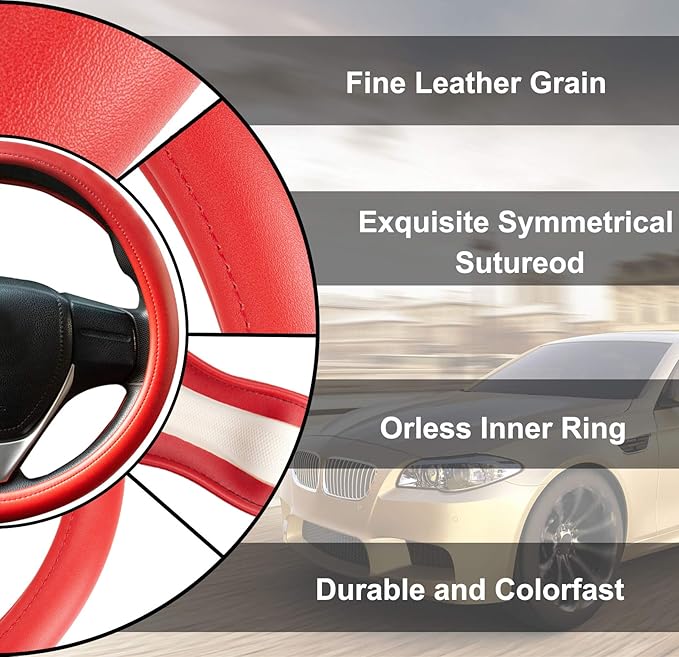 Evankin Red Leather Steering Wheel Cover, Comfortable and Soft Solid Color Universal Steering Wheel Cover 15 inch, Suitable for Most Cars (Red) Valentine's Day
