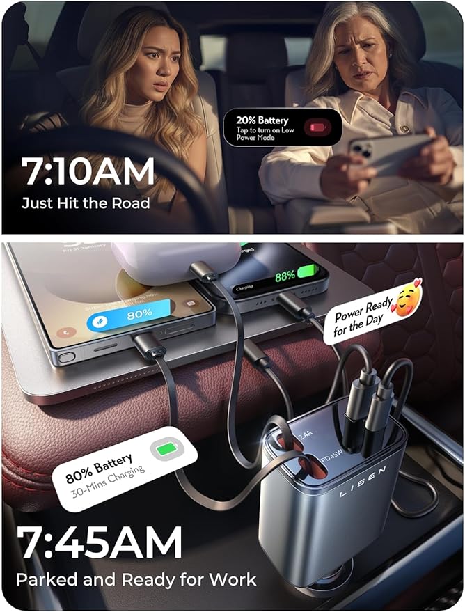 LISEN Retractable Car Charger, 84W Car Charger USB C Fast Charger Adapterfor iPhone, Travel Essentials Car Accessories for Men Women, Gifts for Fathers Day for Men Women for iPhone 17 16 15 14 13 12