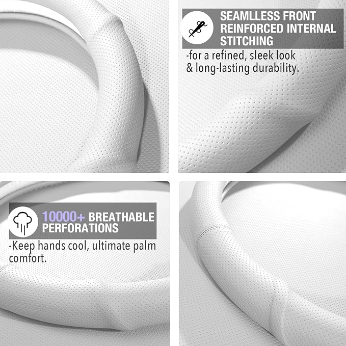 PINCTROT D Shaped Nappa Leather Steering Wheel Cover with Ergonomic Palm Support Grip, Full Perforated Breathable, Slim Fit No Bulk Design, Flat Bottom 14.5-15 Inch (Cream White)