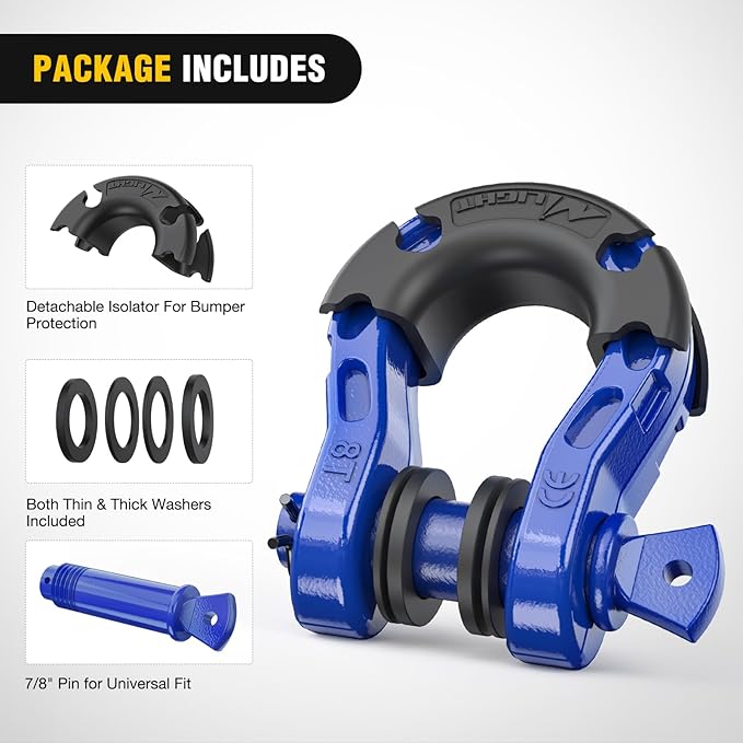 Nilight Heavy Duty Mega D-Ring Shackles(2 Pack) 68,000 lb Break Strength(17,000 lb WLL) w/ 7/8″ Screw Pin & Washers, Forged Steel Off-Road Recovery Shackles for Tow Strap & Winch Gear, Blue