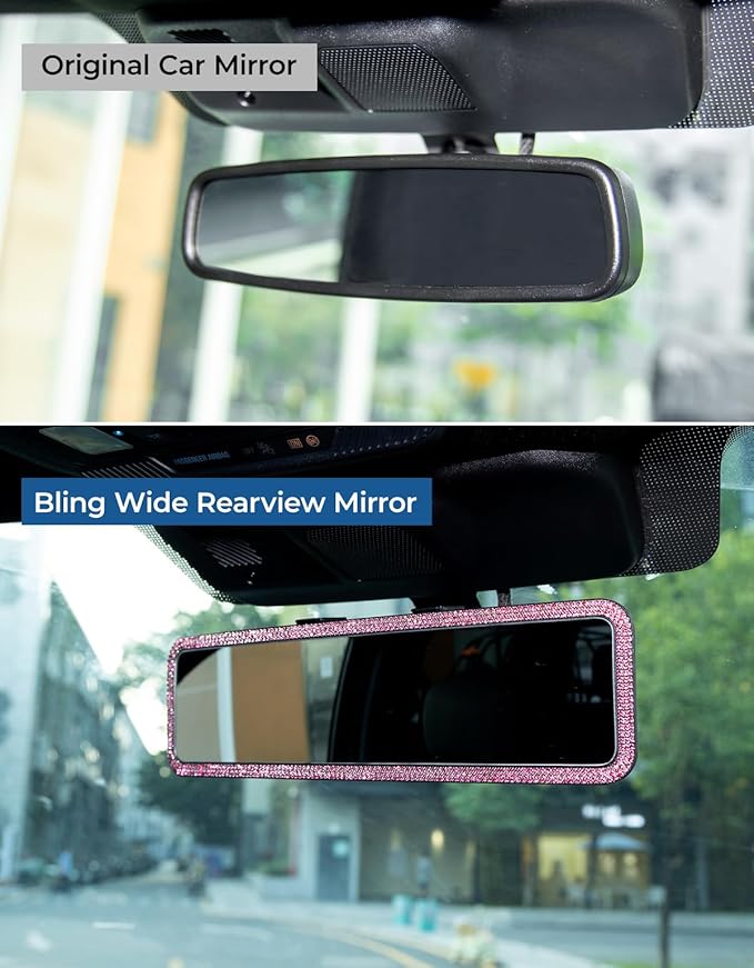 JOYTUTUS Rear View Mirror, Universal 12 Inch Panoramic Rearview Accessories with Bling Rhinestones Crystal Diamonds Edge, Interior Clip-on Wide Angle Rear View Mirror -Pink
