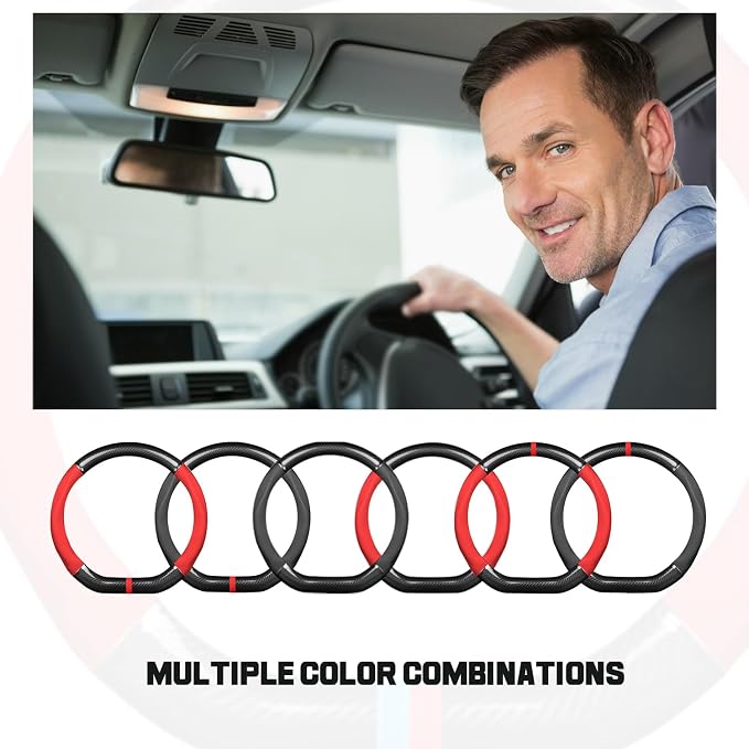 Ergocar Car Steering Wheel Cover Non-Slip Car Steering Wheel Protector Sport D-Shape Carbon Fiber & PU Leather Universal for Diameter 38cm(15") (Black-red-Stripe-B)
