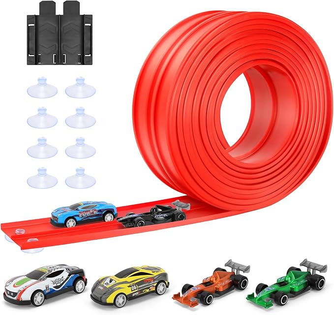 KETIEE Flex Tracks 16Ft for Kids: Flexible Race Car Ramp Track with 4 Small Racecars and 8 Suction Cups Compatible with Diecast 1/64th Cars, Rolls Up Portable Racetrack for Ages 3 & Up