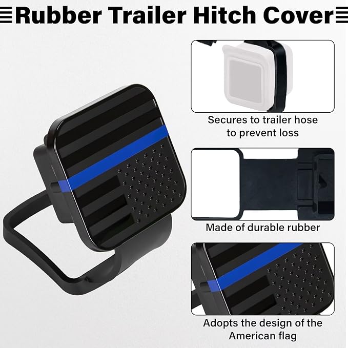 2 Inch Rubber Trailer Hitch Cover, Durable Tow Hitch Covers with American Flag, Car Exterior Accessories Fits for 2 Inches Hitch Receivers, Hitch Cover Tube Plug Cap for Trucks(Black&Blue Line)