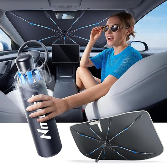 Upgraded Nmoiss Windshield Sun Shade Umbrella [Ice Rib] High Speed Cooling 99% UV Blocking Protects Car from Sun and Heat Damage, Keeps Cool and Protects Interior Large (61" L x 35" W)