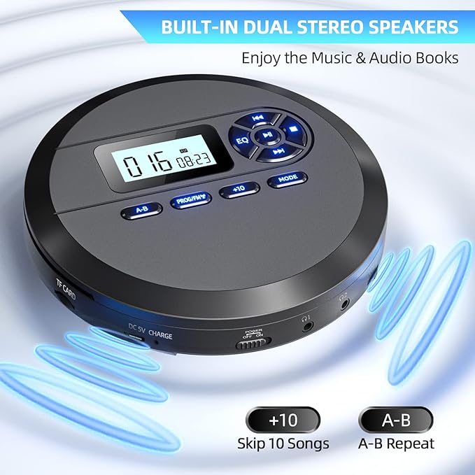 DESOBRY CD Player Portable with Speakers & FM Transmitter, Rechargeable Compact CD Player for Car Built-in 2000mAh Battery, LCD Screen, Earphones, AUX Cord