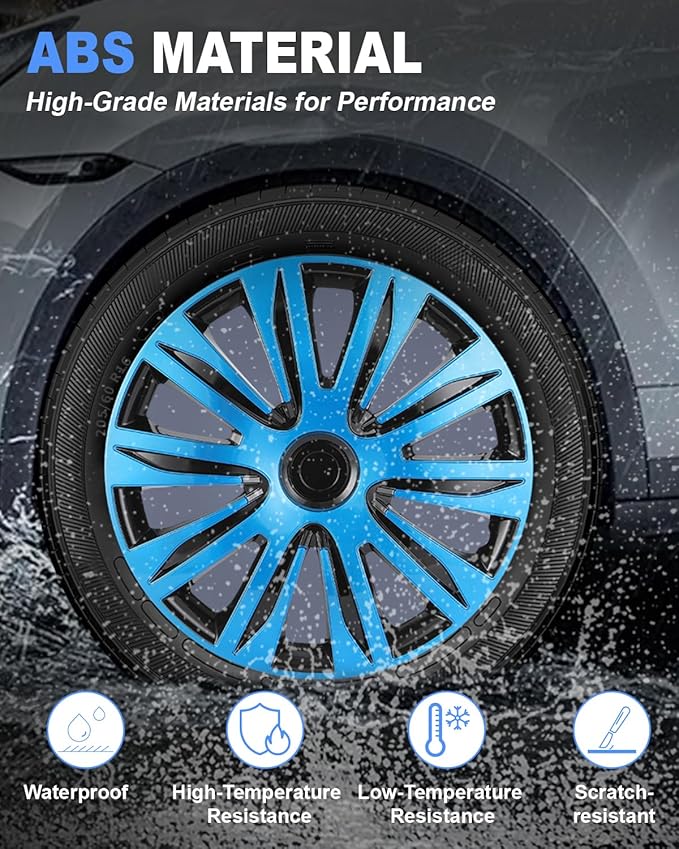 ABX Hubcap Wheel Covers Hub Caps 16 Inch Set of 4 Black & Blue Universal Wheel Rim Cover R16 Stylish Car Decor Wheel Covers
