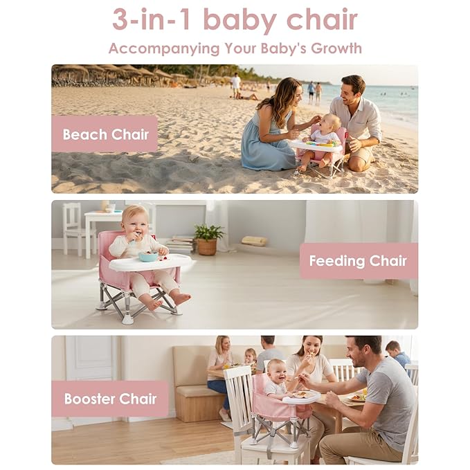 Tiny Marvels Portable Booster Seat, Foldable Baby High Chair with Removable Tray, Safety Harness & Carry Bag – for Toddlers Ages 6M-3Y, Ideal for Dining, Travel, Camping & Family Time