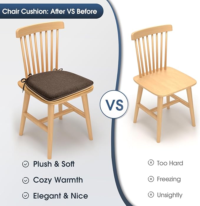 TushGuard Chair Cushions for Dining Chairs Set of 4, Soft Seat Cushions for Kitchen Chairs, Non-Slip Bottom with Ties, Comfortable Everyday Chair Pads, Brown