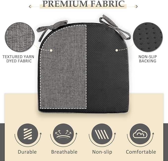 Wellsin Chair Cushions for Dining Chairs 6 Pack - Kitchen Chair Cushions with Ties and Non-Slip Backing - Dining Chair Pads 16"X16"X2", Dark Gray