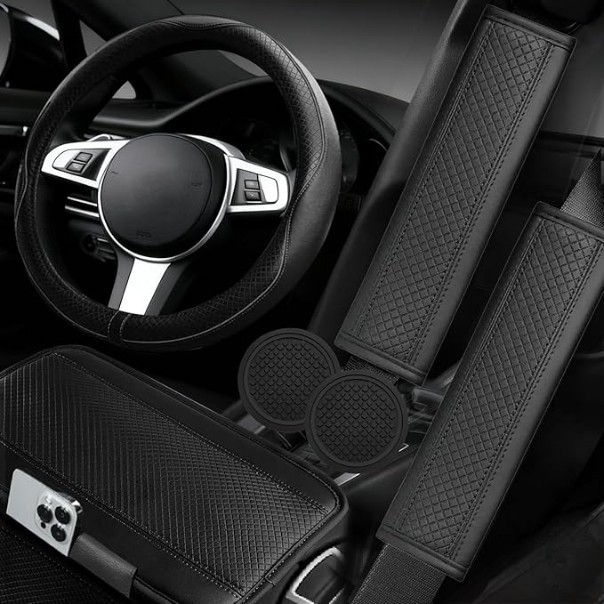NBTEPEM 6 PCS Car Steering Wheel Cover Set, Microfiber Leather Steering Wheel Covers Universal 14.5-15 inch, Center Console Cover, Seat Belt Cushion, Cup Holder Coaster, Car Accessories Set Black