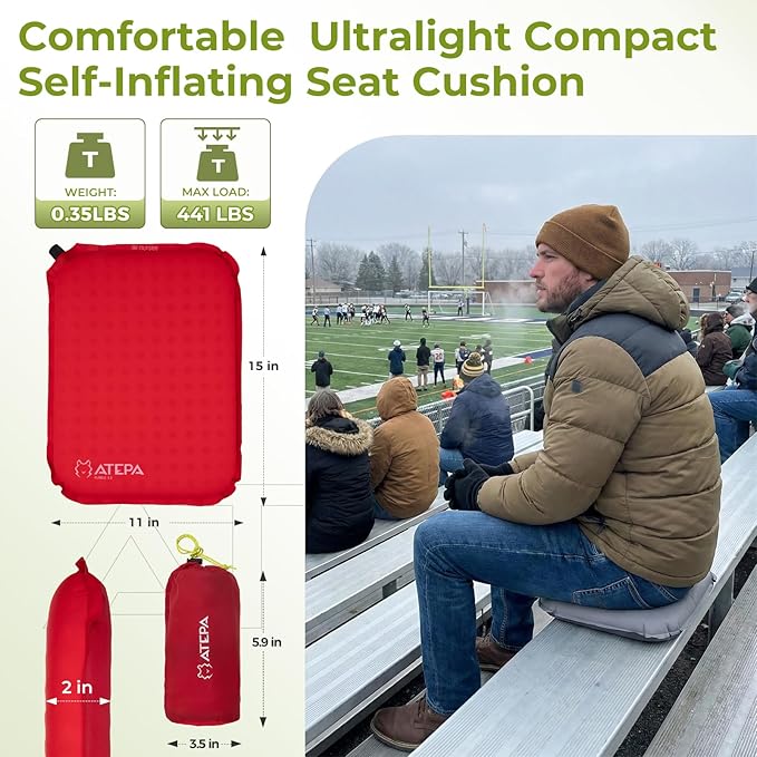 ATEPA Inflatable Seat Cushion, Compact Self-Inflating Seat Cushion for Stadium Airplane Air Travel Bleacher Camping, Blow Up Foam Seat Pad for Outdoor Sports Events Backpacking Hiking Sitting