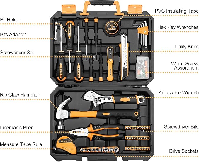 DEKOPRO 100 Piece Home Repair Tool Set,General Household Hand Tool Kit with Plastic Tool Box Storage