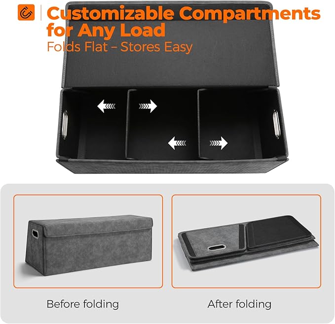 Fyzeoty Car Organizers and Storage - Trunk Organizer for Suv Car,Car Trunk Leather Storage Box,Extra Large,Magnetic Lid,Collapsible and Adjustable Trapezoidal - Grey