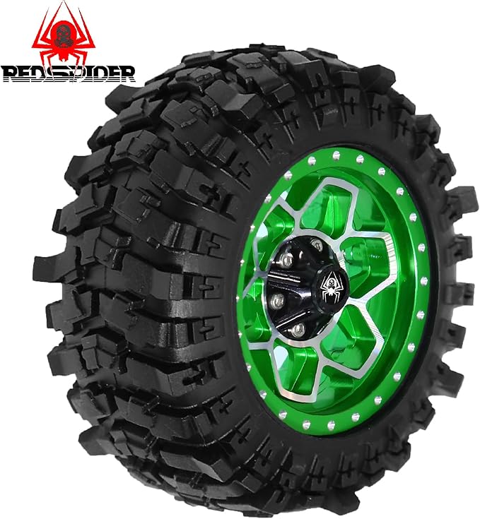 REDSPIDER Metal 1.9'' Beadlock Wheels and Crawler Tires OD 88MM/3.46'' (4PCS) for 1/12 RC Crawler MJX H12Y+ MN-128 MN82S LC79 ﻿ (Green)