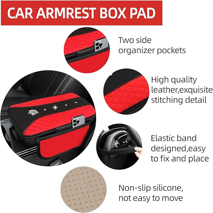 NBTEPEM 6 PCS Bling Car Accessories Set, Leather Steering Wheel Covers Universal 14.5-15 inch, Center Console Cover, Seat Belt Cushion, Cup Holder Coaster (Red)