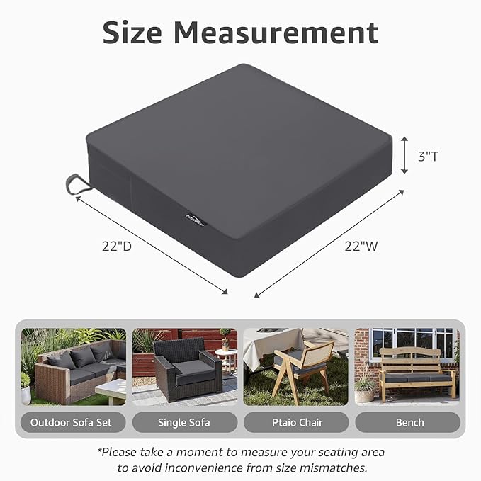 PatioGlow Outdoor Chair Cushions 22 x 22 x 3 Inch, Waterproof & Fade Resistant Patio Seat Cushion for Furniture with Handle and Ties, Thick Seating Pads for Outside Sofa Couch Set of 2, Grey