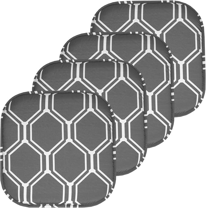 Sweet Home Collection Chair Cushion Memory Foam Pads Honeycomb Pattern Slip Non Skid Rubber Back Rounded Square 16" x 16" Seat Cover, 4 Pack, Mirage Gray/White
