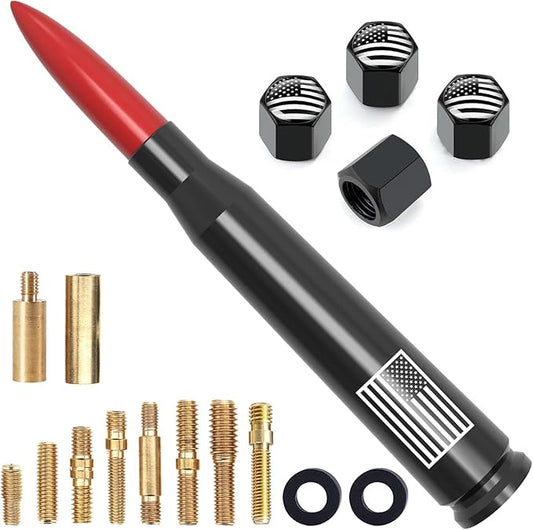 Car Truck Bullet Antenna with Tire Valve Caps American Flag Universal Short Replacement for GMC Sierra Chevy Silverado Dodge Ram 1500 2500 3500 Ford F150 F250 F350 Super Duty Raptor Accessories, Red