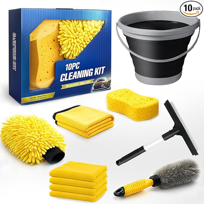 10Pcs Car Wash Detailing Kit Cleaning Kits,with Collapsible Bucket Wash Mitt Sponge Terry Towels Wheel Brush Window Scraper Coral Velvet Towel, Car Cleaning Tools Kit for Interior, Exterior, Wheels