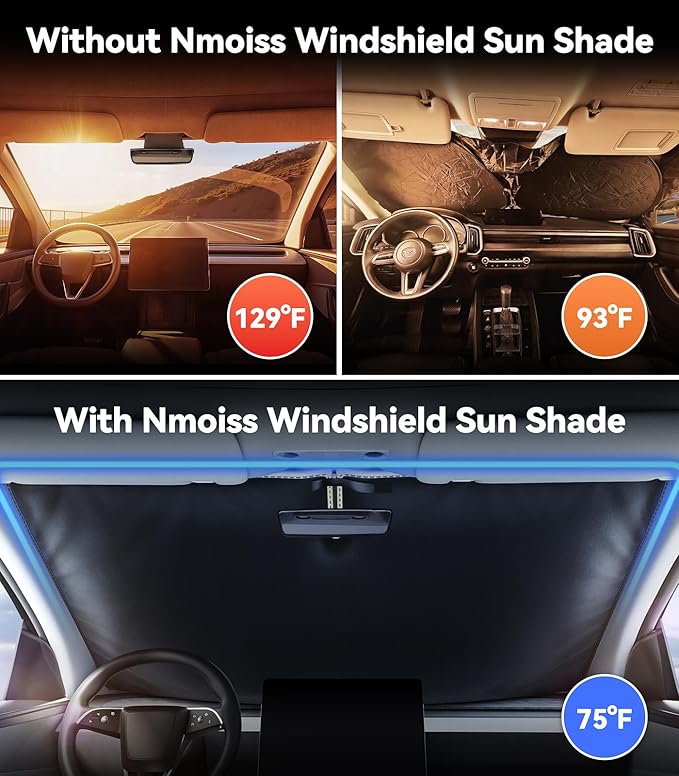 Nmoiss Ice Silk Air-Cooled Car Windshield Sun Shade, [Enjoy Superior Coolness & Comfort] 84.2% Heat Insulation UPF>50 UV Block, Interior Protection, Universal Fit for Car SUV Truck Accessories, XL