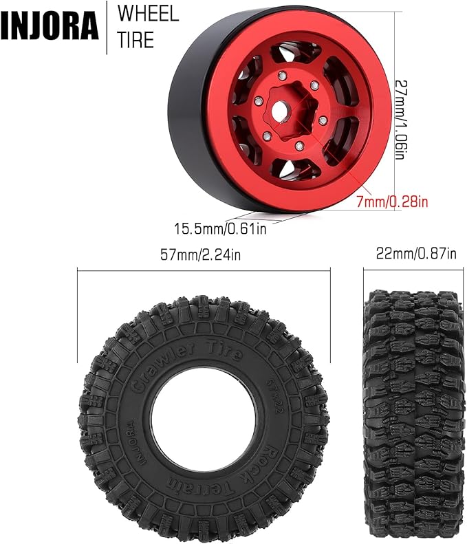 INJORA 1.0 Beadlock Wheel S5 Super Soft Sticky Crawler Tires for TRX4M Axial AX24 SCX24 FCX24 Enduro24 Upgrade, 57 * 22mm(Red)