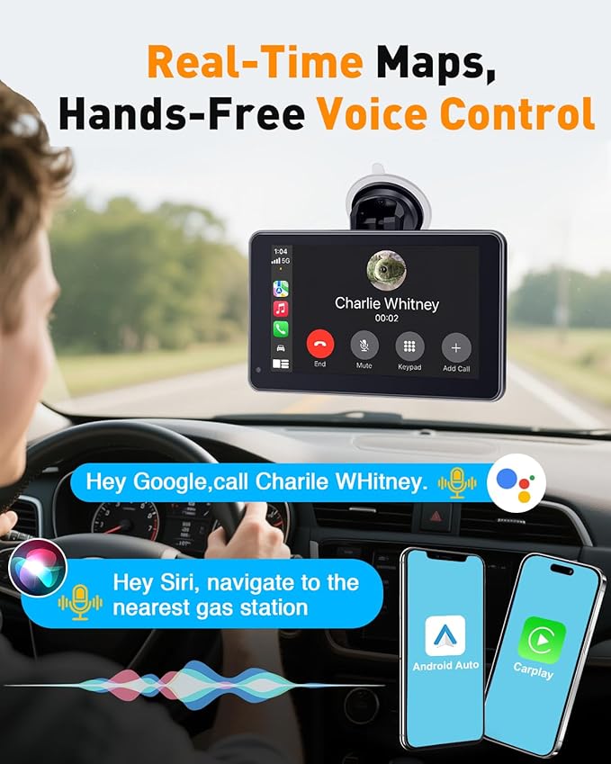 3-Min-Install Wireless Portable CarPlay Screen: Support Android Auto & Apple CarPlay - 7" HD 1080P Display with Voice Control, Hands-Free Callling, Maps Navigation, Upgrade for Older Cars in Daily Use