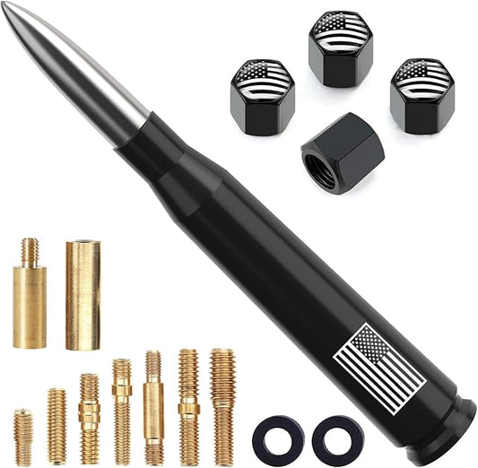 Car Truck Antenna with Tire Valve Caps American Flag Universal Short Replacement for GMC Sierra Chevy Silverado Dodge Ram 1500 2500 3500 Ford F150 F250 F350 Super Duty Raptor Accessories, Silver