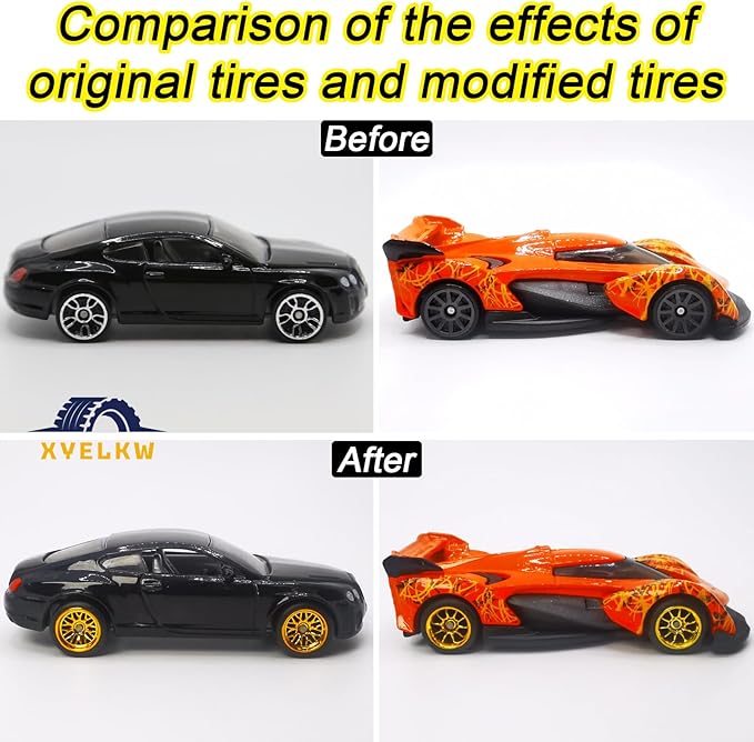 1/64 Wheels and Tires Set, 10-Pack 1 64 Scale Wheels with 10 for 1/64 Diecast Cars Upgraded and Modified Rubber Tires(Diameter 0.43in/11mm) (Gold Plated)