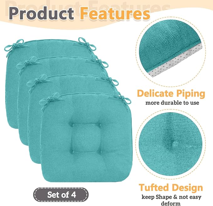 MAGIC ELEPHANT Chair Cushions for Dining Chairs, Memory Foam Kitchen Chair Cushions Set of 4, Non-Slip Thick Dining Room Chair Pads Seat Cushions, 15.5" x 15.5" x 4" (Aqua Green)