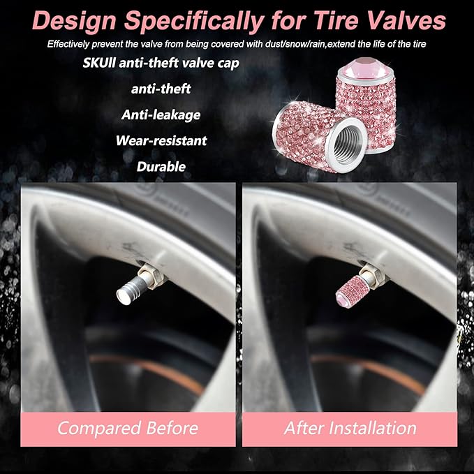 Alpmosn Car Wheel Tire Valve Caps, 4 PCS Bling Tire Valve Caps, Crystal Tire Caps Shinny Rhinestone for Women, Universal Car Dustproof Tire Valve Caps for Cars, Trucks, SUV and Motorcycles (Pink)