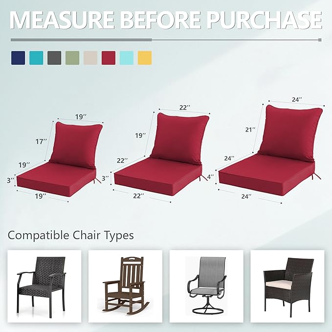 24x24 Inch Outdoor Chair Cushions Set of 2, Patio Furniture Cushions - Removable Cover, Water-Repellent, Fade-Resistant, Non-Slip Bottom & Straps, Replacement for Deep Seat Sofa & Couch - Burgundy