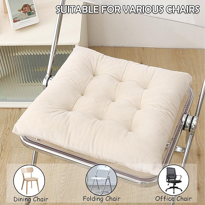 Set of 4 Chair Cushions for Dining Chairs with Ties, Indoor Non-Slip Kitchen Chair Pad and Dining Room Seat Cushion Mat for Office Living Room Outdoor 15.5" - Ivory