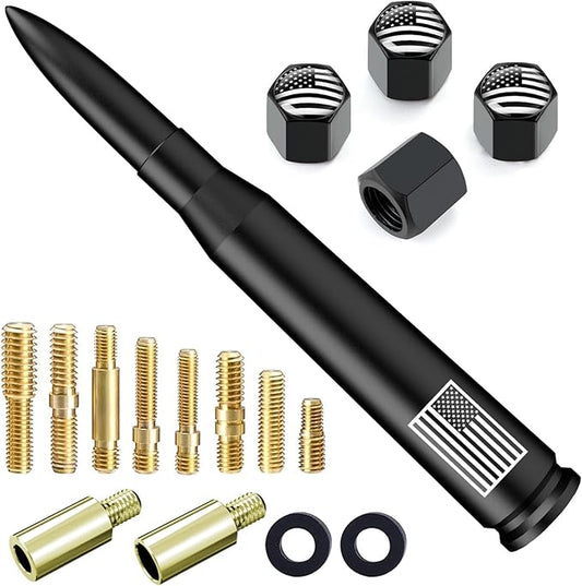 Car Truck Bullet Antenna with Tire Valve Caps American Flag Universal Short Replacement for GMC Sierra Chevy Silverado Dodge Ram 1500 2500 3500 Ford F150 F250 F350 Super Duty Accessories, Matte Black