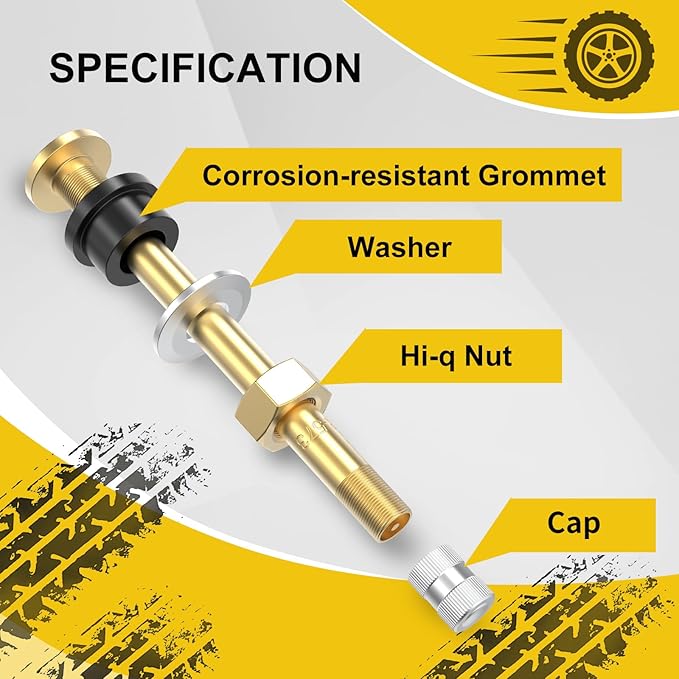 10 Piece TR573 Brass Valve Stems for Commercial Vehicles. Fits 0.748" Valve Hole Dia, Length 4.49'', Brass Colour