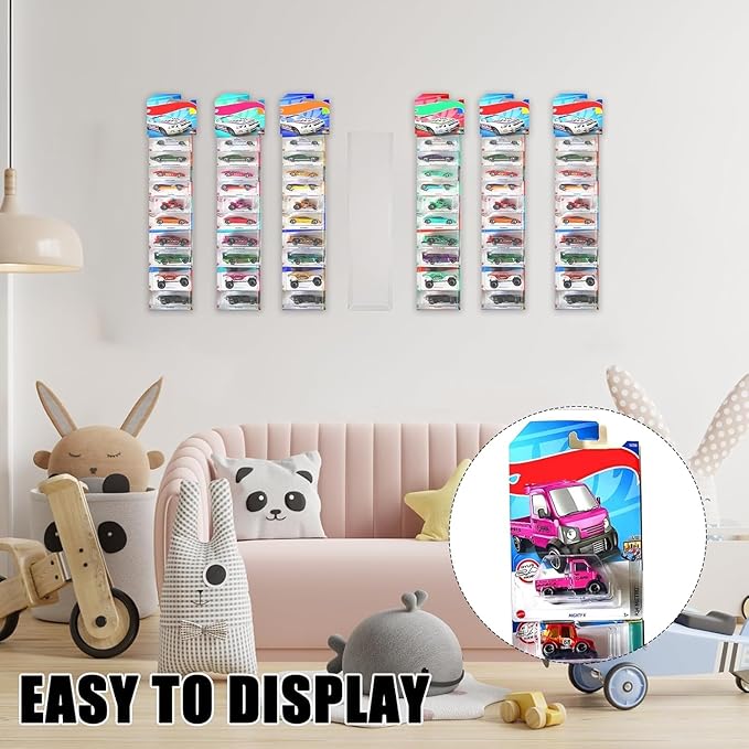 48 Pcs Clear Display Case for Packaged Model Cars,Model Car Display Cases Wall Mount-Holds up to 120 Cars,Toy Car Storage Organizer Compatible with Hot Wheels,Clear Model Car Display Case(16.7 x 4.4)