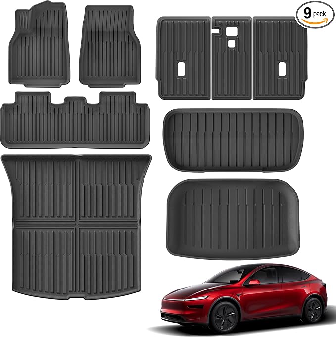 9PCS Full Set of Floor Mats for New 2025 2026 Tesla Model Y Juniper 5-Seats (Not fit Standard) All Weather TPE Front Rear Trunk Cargo Liner Backrest Mats Frunk Mat Accessories Black