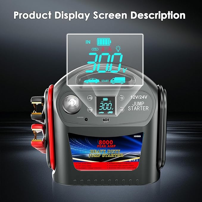 8000A Car Battery Jump Starter for All Gas/Diesel,12V/24V Jump Starter Portable for Commercial Vehicles and Diesel Engines, Heavy Duty Jump Box Power Pack with LED Light