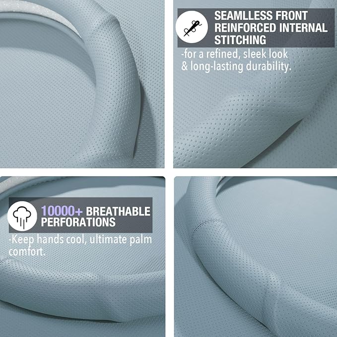 PINCTROT Supported Grip Nappa Leather Steering Wheel Cover for Tesla Model Y/3 Highland/Juniper, D Shaped 14 Inch Small Sized with Breathable Perforation, Flat Bottom 14 Inch(Ice Blue)