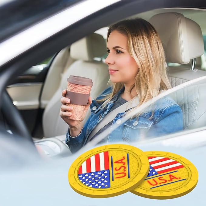 AUCELI 2 Pack Car Cup Holder Coasters, Colored American Flag US Flag Insert Car Cup Coaster, 2.75 Inch Anti Slip Shockproof Embedded Drink Mat, Vehicle Interior Decor Accessories