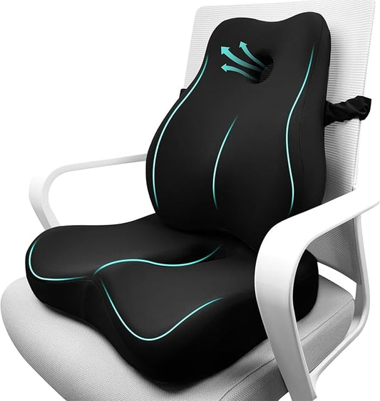 Seat Cushion & Lumbar Support Pillow for Office Chair,Memory Foam Chair Cushions for Tailbone Pain, Non-Slip Back Support for Desk,Gaming Chair,Wheelchair, Breathable & Machine Washable