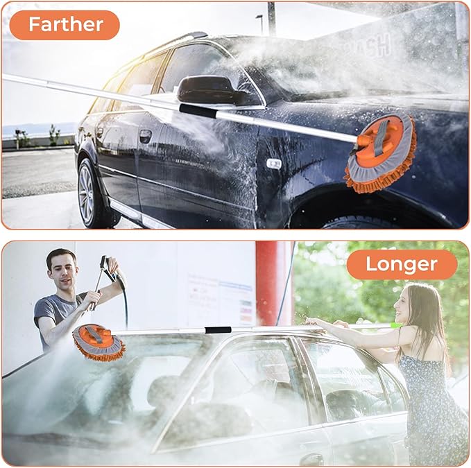 62" Car Wash Brush with Long Handle Car Cleaning Brush Kit Car Cleaning Supplies Kit Car Washing Duster Tools Accessories, 1 Chenille Scratch-Free Replacement Head Aluminum Alloy Pole (Orange)