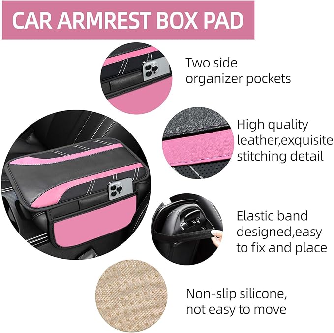 NBTEPEM 6 Pcs Pink Car Accessories Set, Sport Leather Steering Wheel Cover 14.5-15inch Universal, Microfiber Leather Car Center Console Cover, Seat Belt Cushion, Cup Holder Coaster (Black-Pink)