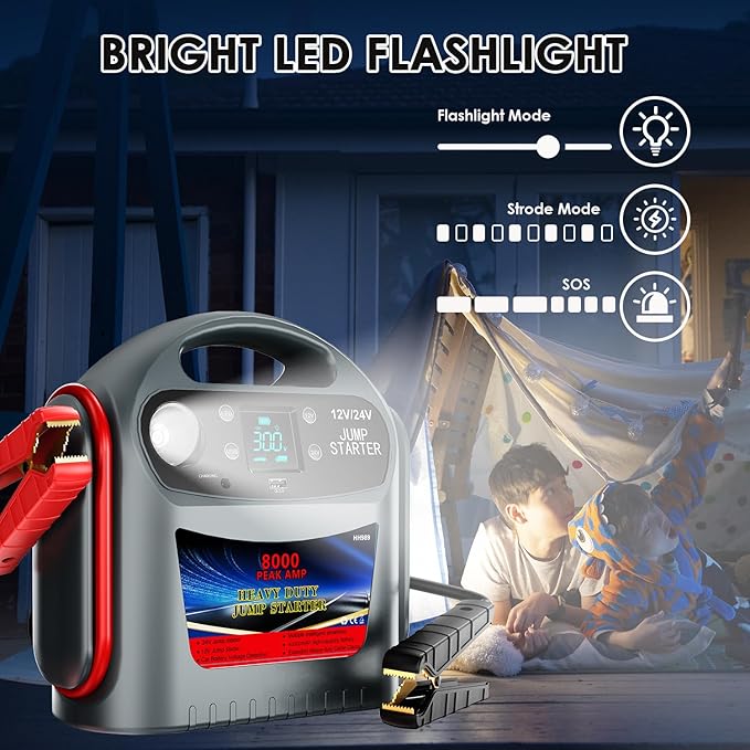 8000A Car Battery Jump Starter for All Gas/Diesel,12V/24V Jump Starter Portable for Commercial Vehicles and Diesel Engines, Heavy Duty Jump Box Power Pack with LED Light