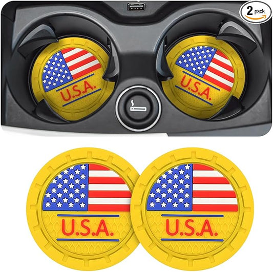 AUCELI 2 Pack Car Cup Holder Coasters, Colored American Flag US Flag Insert Car Cup Coaster, 2.75 Inch Anti Slip Shockproof Embedded Drink Mat, Vehicle Interior Decor Accessories