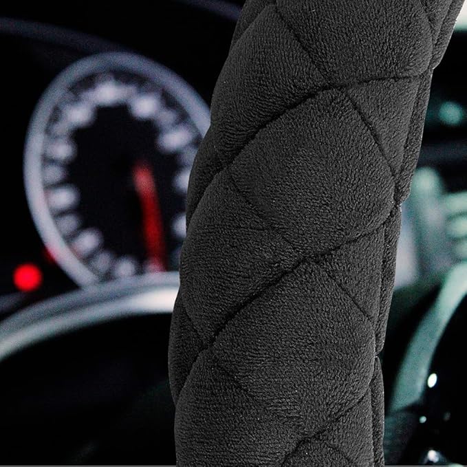 HAOKAY Luxury Fluffy Steering Wheel Cover for Men Women,Soft Warm Short Plush Steering Wheel Cover Black Fuzzy with Universal 14.5-15 Inch
