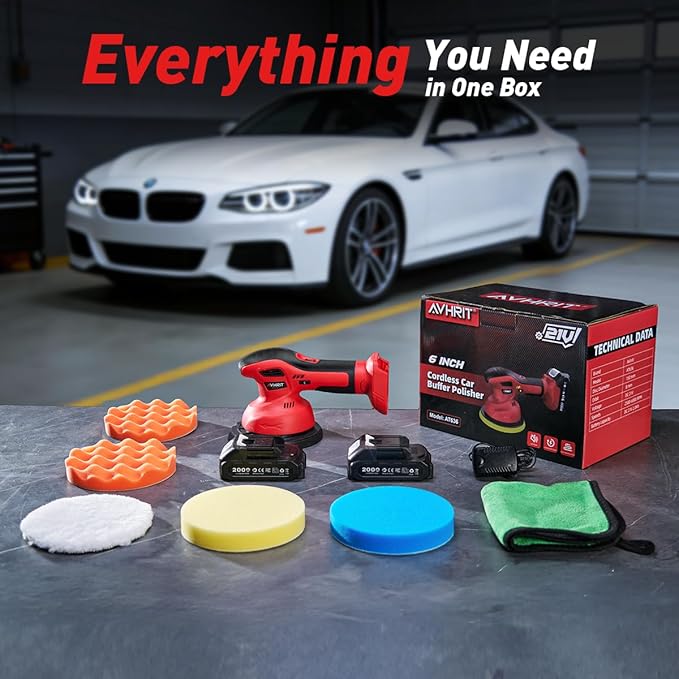 Cordless Car Buffer Polisher kit w/ 2x2000mAh 21V Batteries, 6 Inch Car buffer Waxer Kit w/ 6 Variable Speed & Extra Attachments, Polisher for Car Detailing,Boat Sanding,Scratch Removing