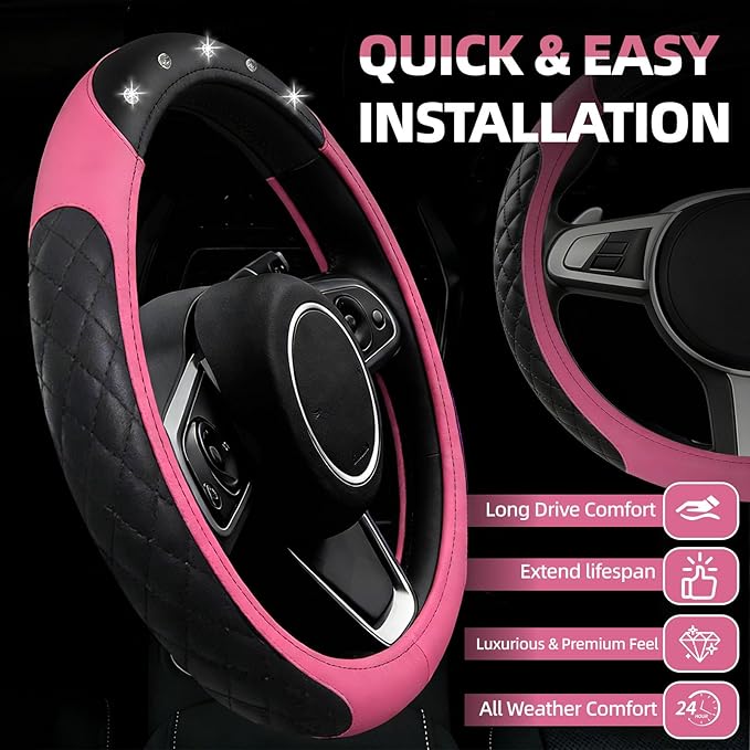NBTEPEM 6 PCS Bling Car Accessories Set, Leather Steering Wheel Covers Universal 14.5-15 inch, Center Console Cover, Seat Belt Cushion, Cup Holder Coaster (Pink)
