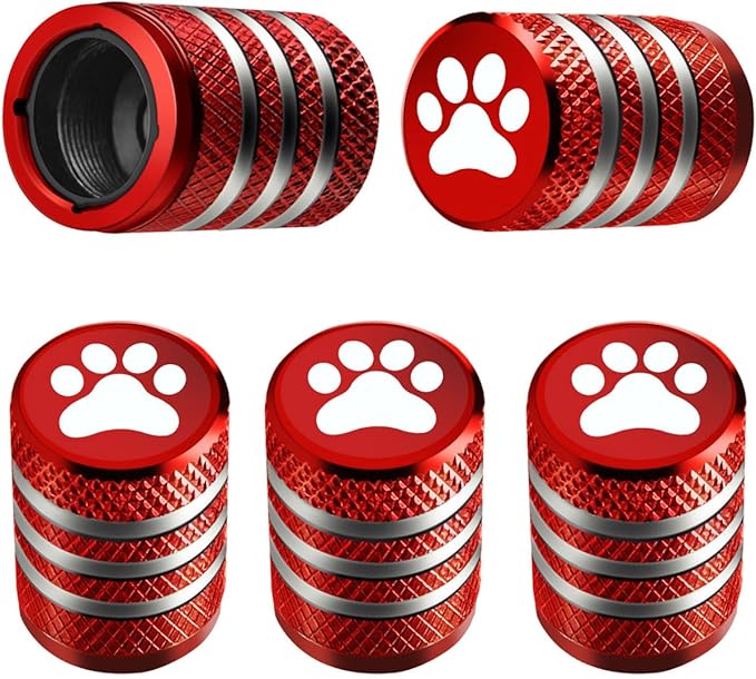 Tire Valve Stem Caps Cover - (5 Pack) Tire Air Caps Metal with Plastic Liner Corrosion Resistant Leak-Proof Dog Paw Print for Car Truck Motorcycle Bike Red