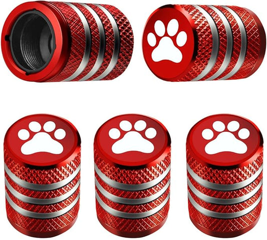 Tire Valve Stem Caps Cover - (5 Pack) Tire Air Caps Metal with Plastic Liner Corrosion Resistant Leak-Proof Dog Paw Print for Car Truck Motorcycle Bike Red